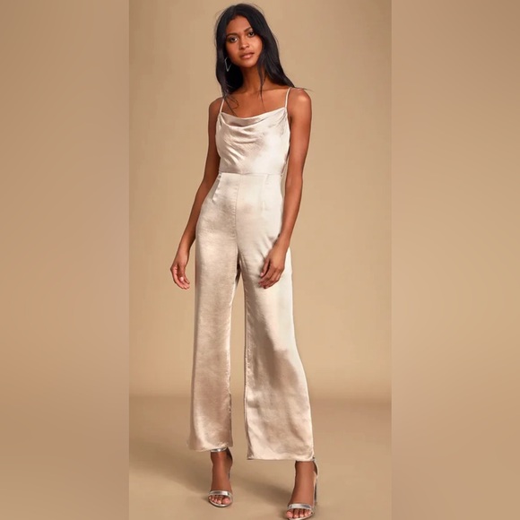 Lulus Pants - Perfect Night Champagne Satin Cowl Neck Culotte Jumpsuit